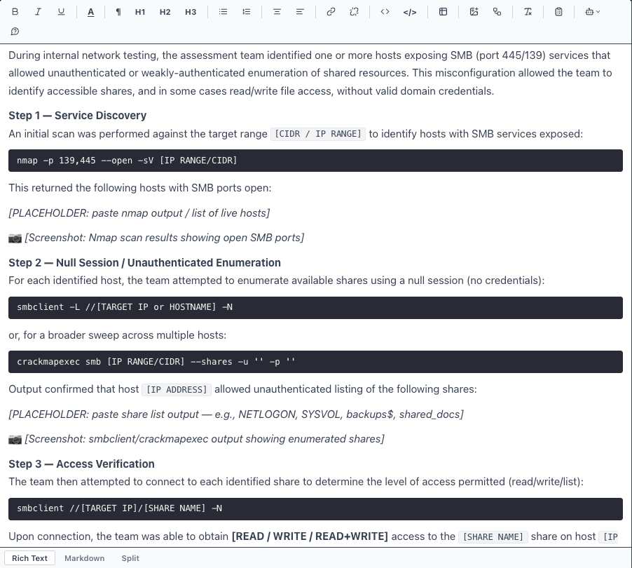 The SMB write-up inserted into a finding's details, with Step 1 service discovery and Step 2 null session enumeration