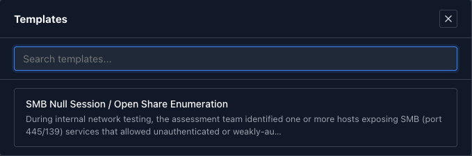 The template picker opened from a finding's editor, showing the SMB Null Session template