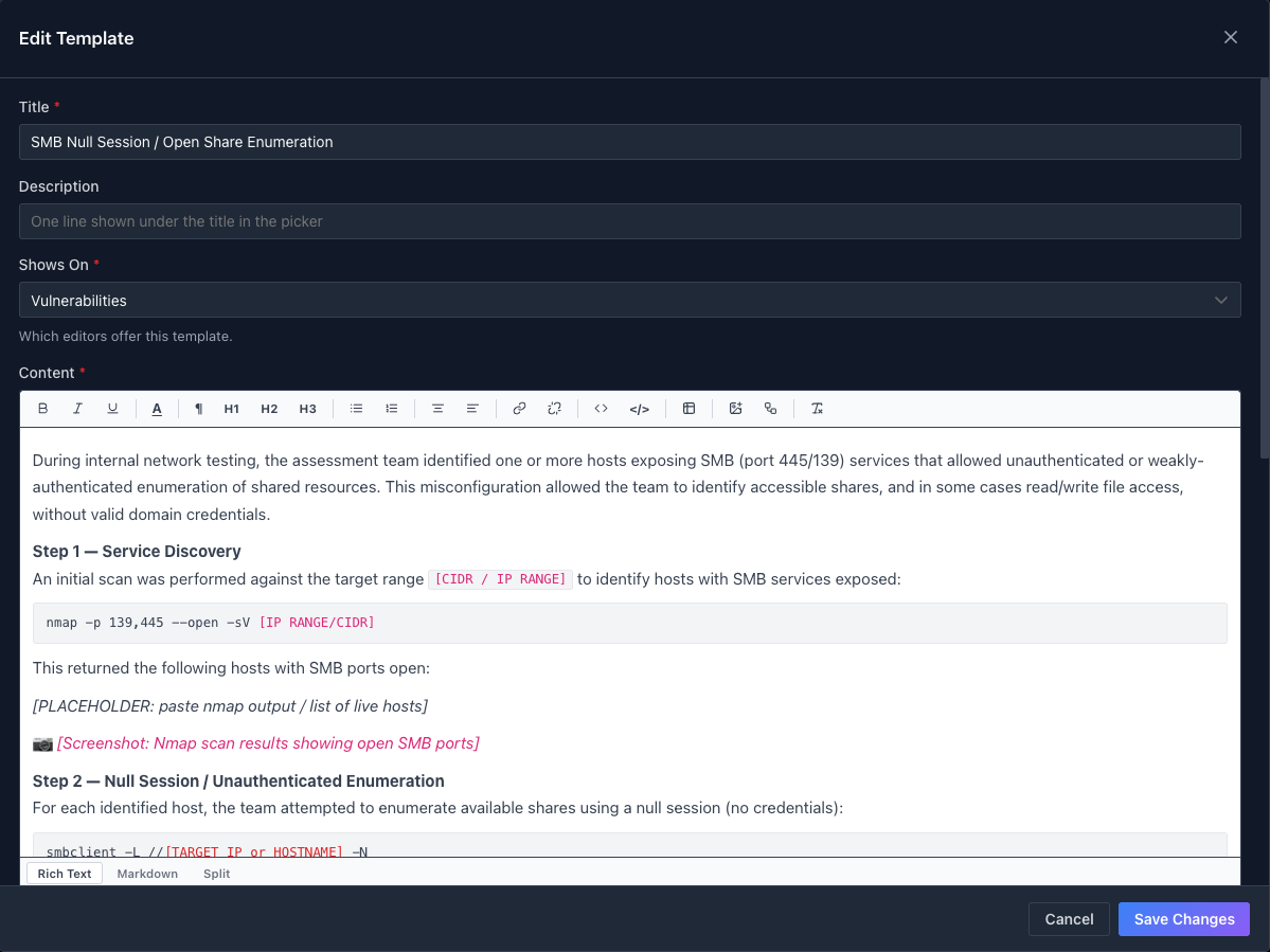 Editing the SMB Null Session / Open Share Enumeration content template